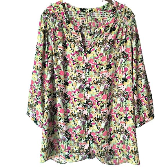 Rose & Olive Top 2X* Floral Blouse 3/4 Sleeve Cottagecore Smocking Buttons - Picture 1 of 11